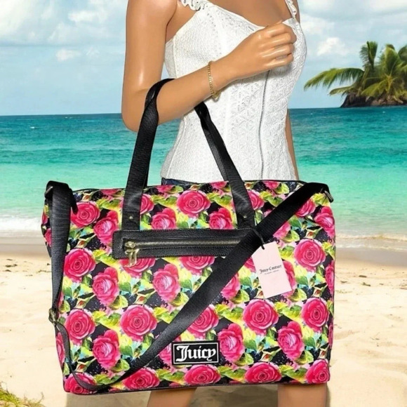 Juicy Couture Black Multi Rose Print Overnight Weekender Duffle Travel Bag - Picture 2 of 12